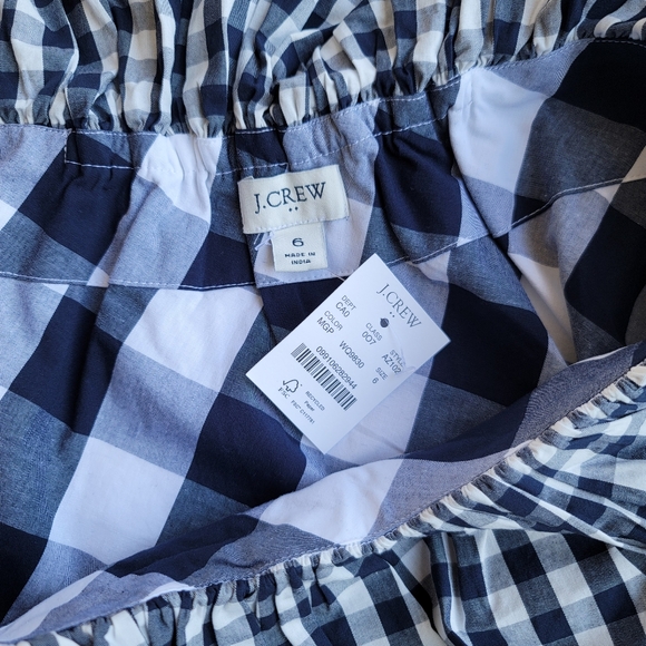 New! J.Crew Sz 6 Blue White Gingham Plaid One Ruffle Shoulder Summer Top - Picture 4 of 10